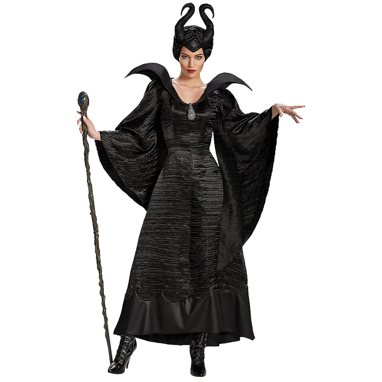 Womens Maleficent Costume Black Satin Gown with Horned Headpiece and Brooch